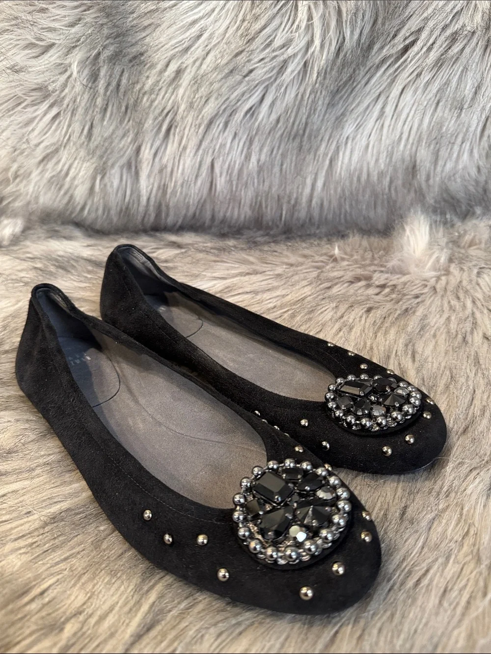 Stuart Weitzman Embellished Black Suede Ballet Flats Size 10